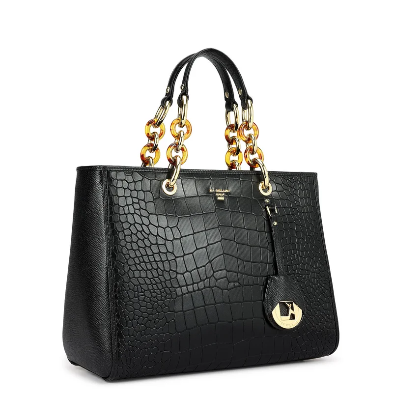 Da Milano Medium Croco Leather Satchel - Black